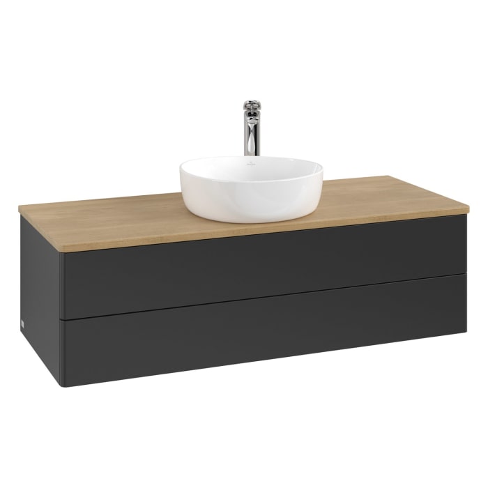 Villeroy & Boch Antao Waschbeckenunterschrank, 120 x 36 cm, 2 Auszüge mit LED-Licht, Front ohne Struktur, mit Hahnloch, für Waschtisch mittig