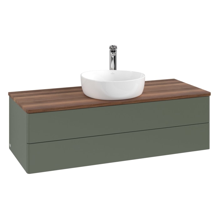 Villeroy & Boch Antao Waschbeckenunterschrank, 120 x 36 cm, 2 Auszüge mit LED-Licht, Front ohne Struktur, mit Hahnloch, für Waschtisch mittig