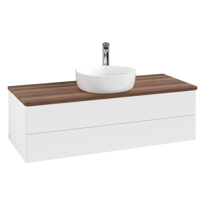 Villeroy & Boch Antao Waschbeckenunterschrank, 120 x 36 cm, 2 Auszüge mit LED-Licht, Front ohne Struktur, mit Hahnloch, für Waschtisch mittig