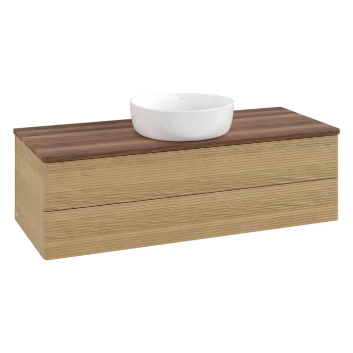 Villeroy & Boch Antao Waschbeckenunterschrank, 120 x 36 cm, 2 Auszüge mit LED-Licht, Front mit Struktur, ohne Hahnloch, für Waschtisch mittig