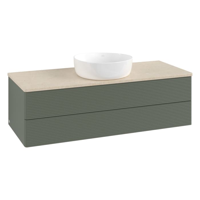Villeroy & Boch Antao Waschbeckenunterschrank, 120 x 36 cm, 2 Auszüge mit LED-Licht, Front mit Struktur, ohne Hahnloch, für Waschtisch mittig