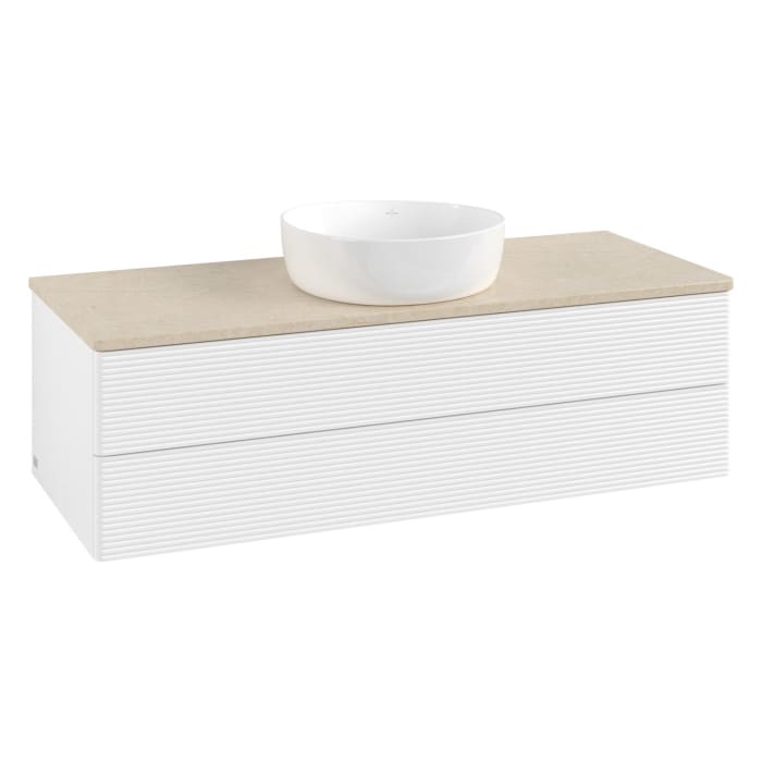 Villeroy & Boch Antao Waschbeckenunterschrank, 120 x 36 cm, 2 Auszüge mit LED-Licht, Front mit Struktur, ohne Hahnloch, für Waschtisch mittig