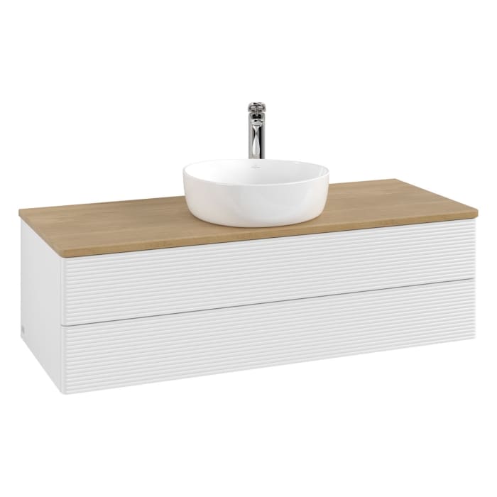 Villeroy & Boch Antao Waschbeckenunterschrank, 120 x 36 cm, 2 Auszüge mit LED-Licht, Front mit Struktur, mit Hahnloch, für Waschtisch mittig