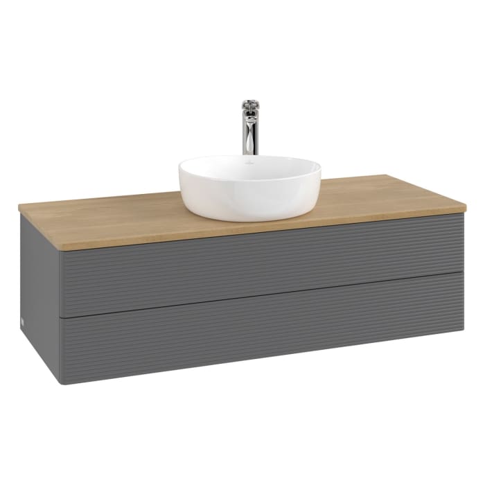 Villeroy & Boch Antao Waschbeckenunterschrank, 120 x 36 cm, 2 Auszüge mit LED-Licht, Front mit Struktur, mit Hahnloch, für Waschtisch mittig