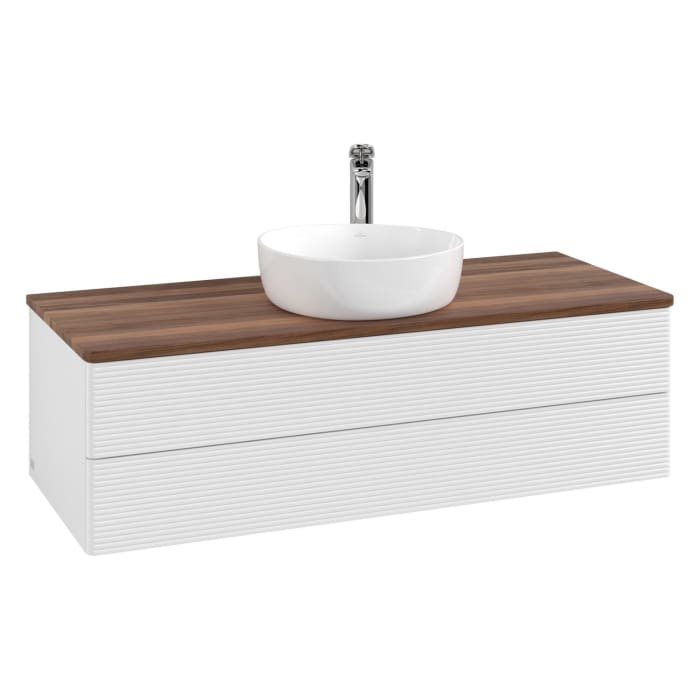Villeroy & Boch Antao Waschbeckenunterschrank, 120 x 36 cm, 2 Auszüge mit LED-Licht, Front mit Struktur, mit Hahnloch, für Waschtisch mittig
