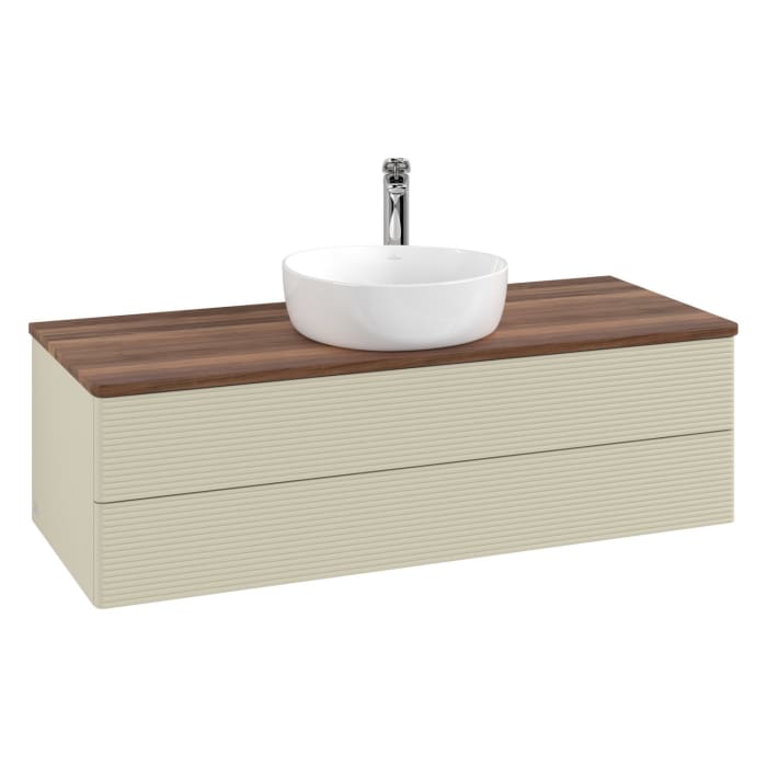 Villeroy & Boch Antao Waschbeckenunterschrank, 120 x 36 cm, 2 Auszüge mit LED-Licht, Front mit Struktur, mit Hahnloch, für Waschtisch mittig