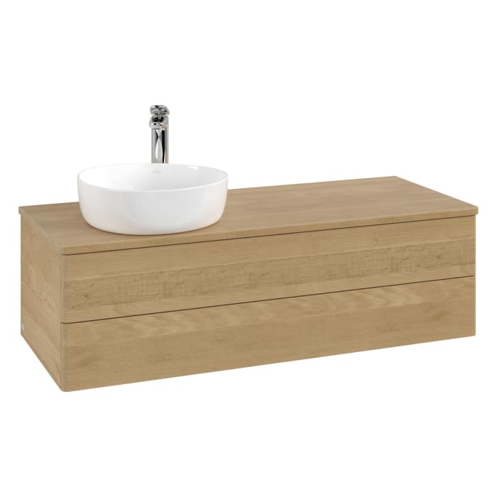 Villeroy & Boch Antao Waschbeckenunterschrank, 120 x 36 cm, 2 Auszüge mit LED-Licht, Front ohne Struktur, mit Hahnloch, für Waschtisch links