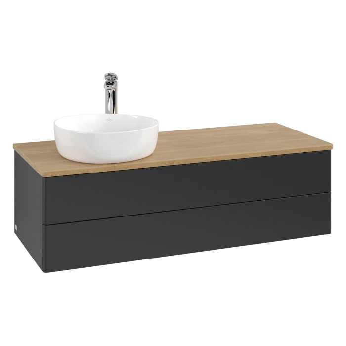 Villeroy & Boch Antao Waschbeckenunterschrank, 120 x 36 cm, 2 Auszüge mit LED-Licht, Front ohne Struktur, mit Hahnloch, für Waschtisch links