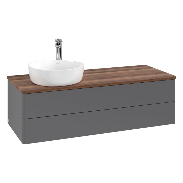 Villeroy & Boch Antao Waschbeckenunterschrank, 120 x 36 cm, 2 Auszüge mit LED-Licht, Front ohne Struktur, mit Hahnloch, für Waschtisch links