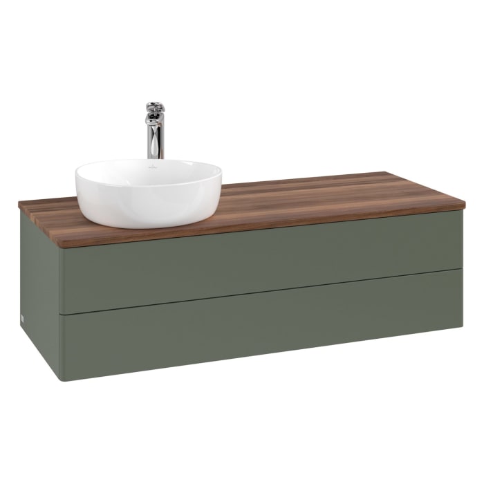 Villeroy & Boch Antao Waschbeckenunterschrank, 120 x 36 cm, 2 Auszüge mit LED-Licht, Front ohne Struktur, mit Hahnloch, für Waschtisch links