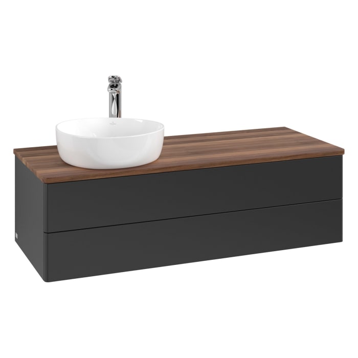 Villeroy & Boch Antao Waschbeckenunterschrank, 120 x 36 cm, 2 Auszüge mit LED-Licht, Front ohne Struktur, mit Hahnloch, für Waschtisch links