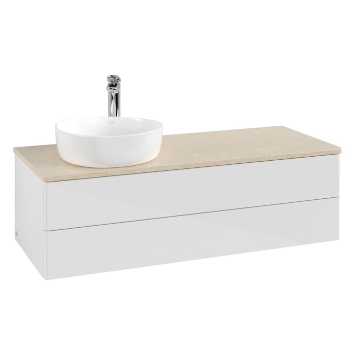 Villeroy & Boch Antao Waschbeckenunterschrank, 120 x 36 cm, 2 Auszüge mit LED-Licht, Front ohne Struktur, mit Hahnloch, für Waschtisch links