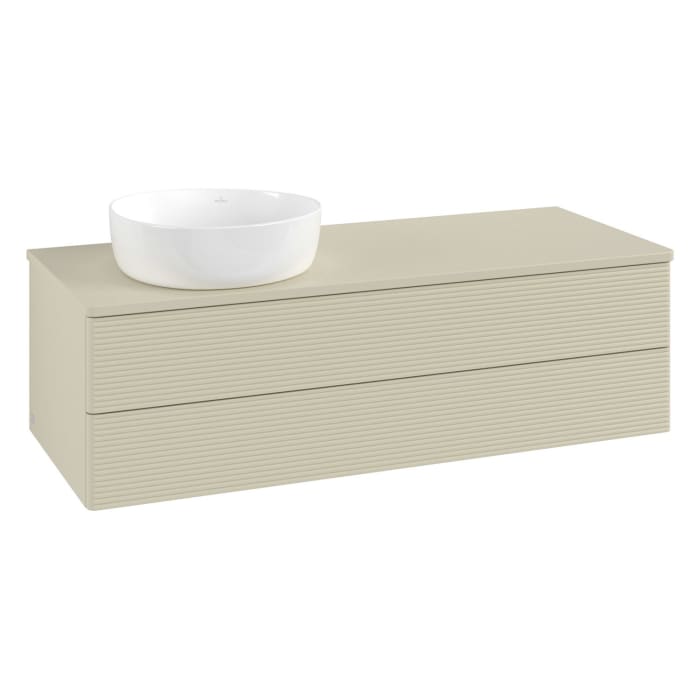 Villeroy & Boch Antao Waschbeckenunterschrank, 120 x 36 cm, 2 Auszüge mit LED-Licht, Front mit Struktur, ohne Hahnloch, für Waschtisch links