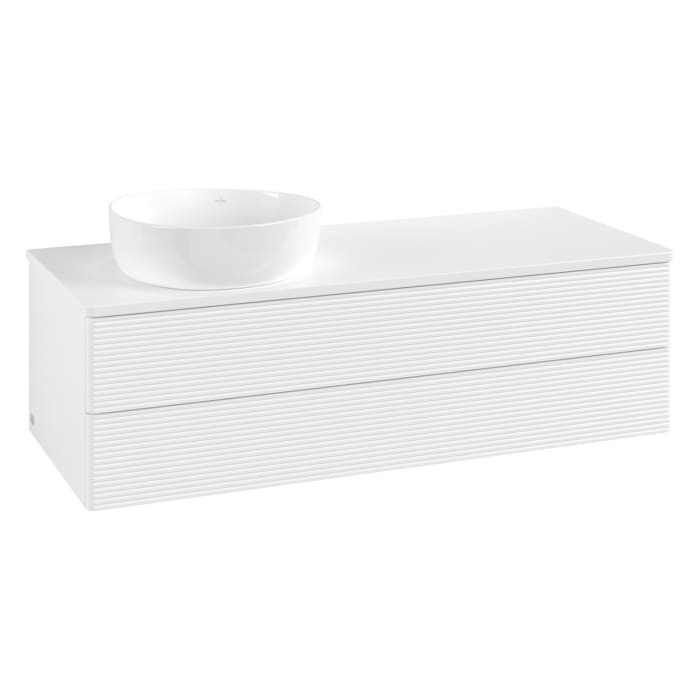 Villeroy & Boch Antao Waschbeckenunterschrank, 120 x 36 cm, 2 Auszüge mit LED-Licht, Front mit Struktur, ohne Hahnloch, für Waschtisch links