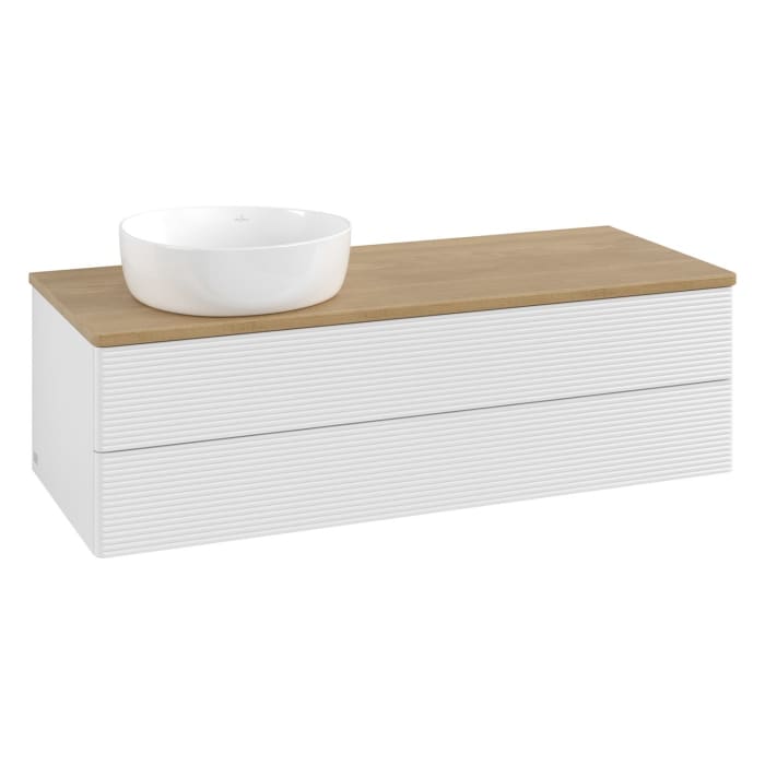 Villeroy & Boch Antao Waschbeckenunterschrank, 120 x 36 cm, 2 Auszüge mit LED-Licht, Front mit Struktur, ohne Hahnloch, für Waschtisch links