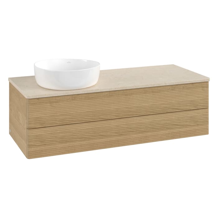 Villeroy & Boch Antao Waschbeckenunterschrank, 120 x 36 cm, 2 Auszüge mit LED-Licht, Front mit Struktur, ohne Hahnloch, für Waschtisch links