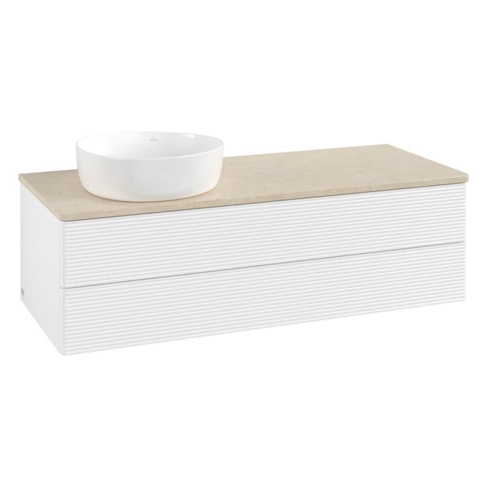 Villeroy & Boch Antao Waschbeckenunterschrank, 120 x 36 cm, 2 Auszüge mit LED-Licht, Front mit Struktur, ohne Hahnloch, für Waschtisch links