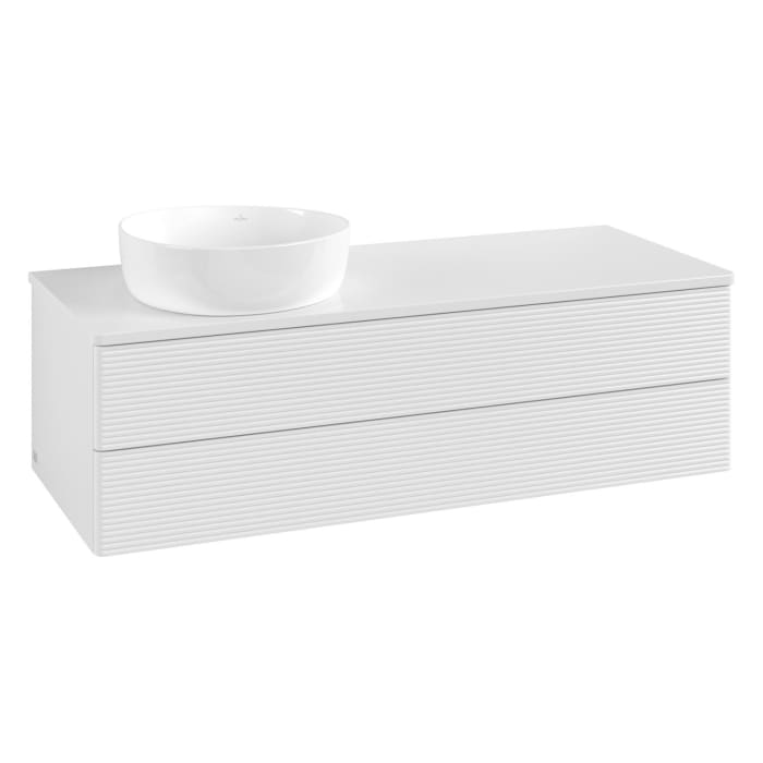 Villeroy & Boch Antao Waschbeckenunterschrank, 120 x 36 cm, 2 Auszüge mit LED-Licht, Front mit Struktur, mit Hahnloch, für Waschtisch links