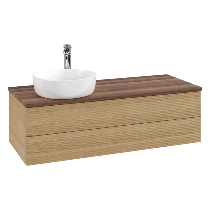 Villeroy & Boch Antao Waschbeckenunterschrank, 120 x 36 cm, 2 Auszüge mit LED-Licht, Front mit Struktur, mit Hahnloch, für Waschtisch links