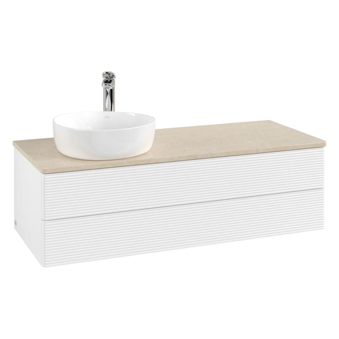 Villeroy & Boch Antao Waschbeckenunterschrank, 120 x 36 cm, 2 Auszüge mit LED-Licht, Front mit Struktur, mit Hahnloch, für Waschtisch links