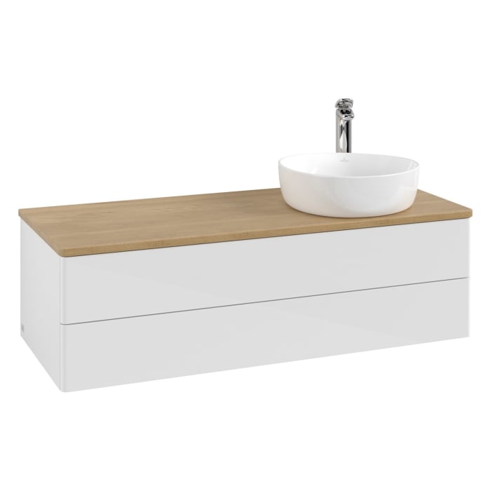 Villeroy & Boch Antao Waschbeckenunterschrank, 120 x 36 cm, 2 Auszüge mit LED-Licht, Front ohne Struktur, mit Hahnloch, für Waschtisch rechts