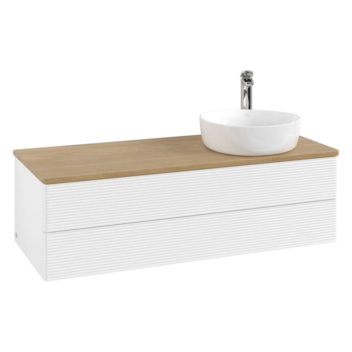 Villeroy & Boch Antao Waschbeckenunterschrank, 120 x 36 cm, 2 Auszüge mit LED-Licht, Front mit Struktur, mit Hahnloch, für Waschtisch rechts