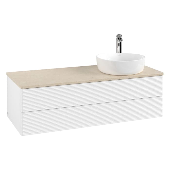 Villeroy & Boch Antao Waschbeckenunterschrank, 120 x 36 cm, 2 Auszüge mit LED-Licht, Front mit Struktur, mit Hahnloch, für Waschtisch rechts
