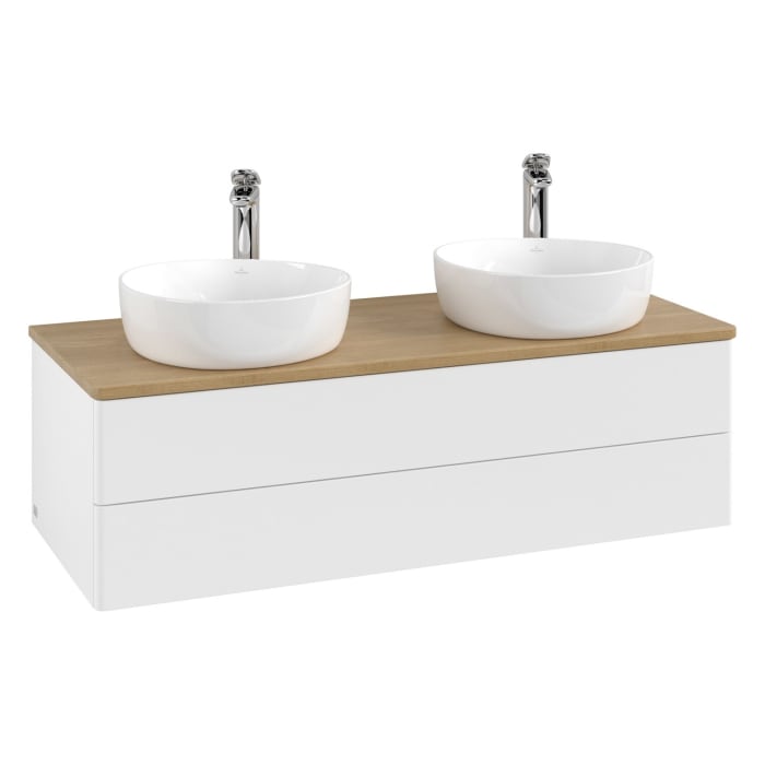 Villeroy & Boch Antao Waschbeckenunterschrank, 120 x 36 cm, 2 Auszüge mit LED-Licht, Front ohne Struktur, mit Hahnloch, für Waschtisch links und recht