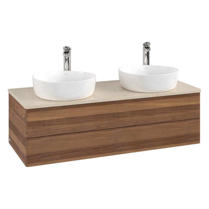 Villeroy & Boch Antao Waschbeckenunterschrank, 120 x 36 cm, 2 Auszüge mit LED-Licht, Front ohne Struktur, mit Hahnloch, für Waschtisch links und recht