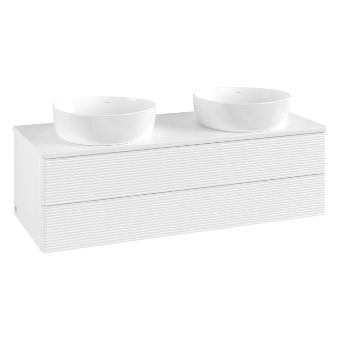 Villeroy & Boch Antao Waschbeckenunterschrank, 120 x 36 cm, 2 Auszüge mit LED-Licht, Front mit Struktur, mit Hahnloch, für Waschtisch links und rechts