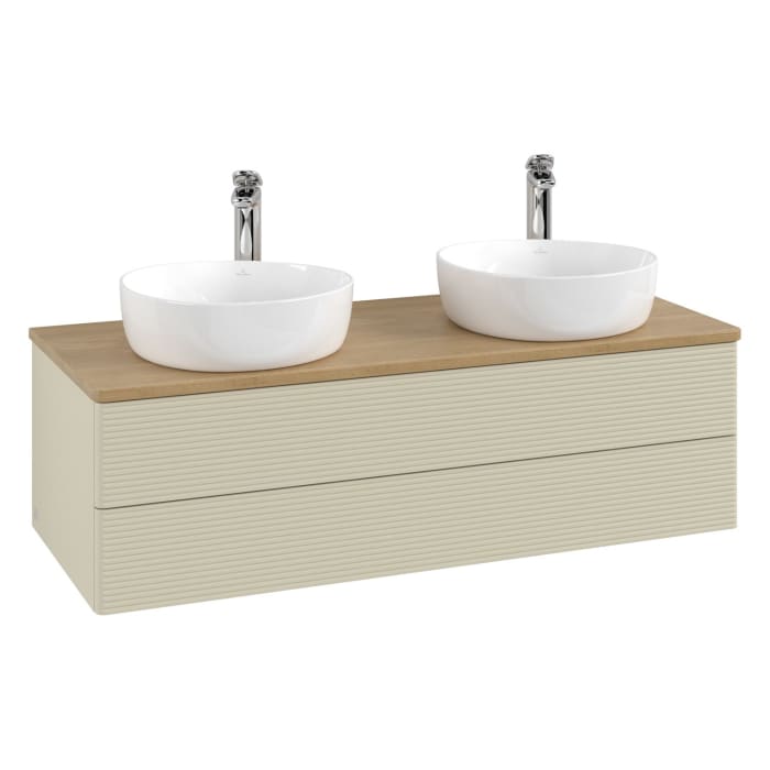 Villeroy & Boch Antao Waschbeckenunterschrank, 120 x 36 cm, 2 Auszüge mit LED-Licht, Front mit Struktur, mit Hahnloch, für Waschtisch links und rechts