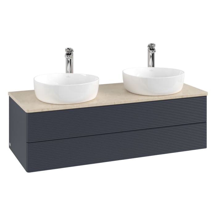 Villeroy & Boch Antao Waschbeckenunterschrank, 120 x 36 cm, 2 Auszüge mit LED-Licht, Front mit Struktur, mit Hahnloch, für Waschtisch links und rechts