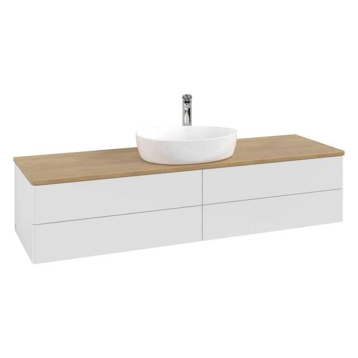 Villeroy & Boch Antao Waschbeckenunterschrank, 160 x 36 cm, 4 Auszüge mit LED-Licht, Front ohne Struktur, mit Hahnloch, für Waschtisch mittig