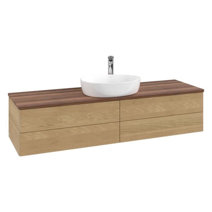 Villeroy & Boch Antao Waschbeckenunterschrank, 160 x 36 cm, 4 Auszüge mit LED-Licht, Front mit Struktur, mit Hahnloch, für Waschtisch mittig