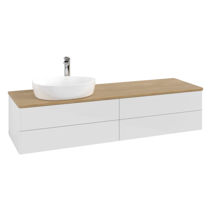 Villeroy & Boch Antao Waschbeckenunterschrank, 160 x 36 cm, 4 Auszüge mit LED-Licht, Front ohne Struktur, mit Hahnloch, für Waschtisch links