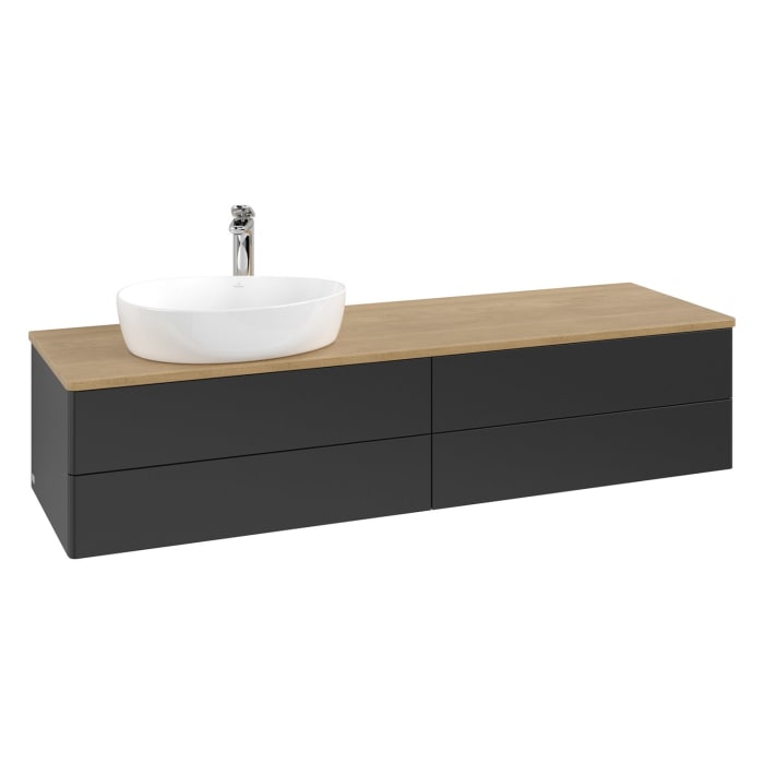 Villeroy & Boch Antao Waschbeckenunterschrank, 160 x 36 cm, 4 Auszüge mit LED-Licht, Front ohne Struktur, mit Hahnloch, für Waschtisch links