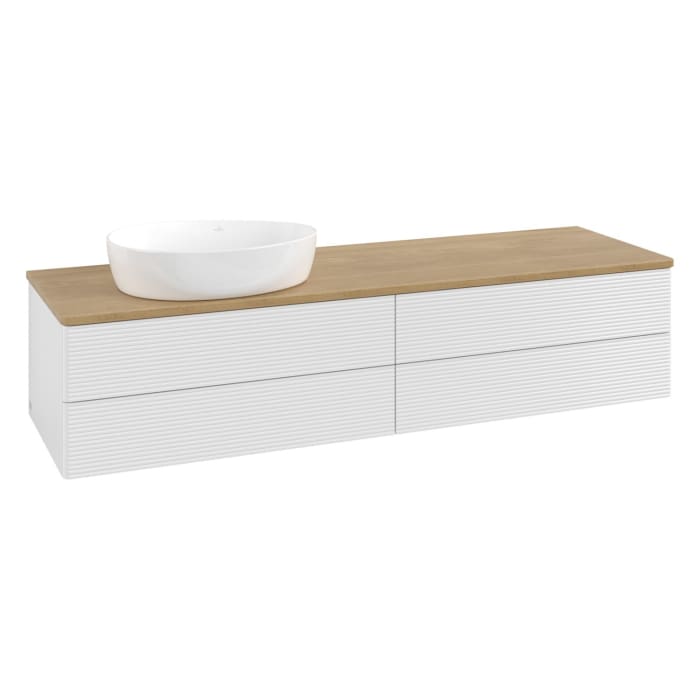 Villeroy & Boch Antao Waschbeckenunterschrank, 160 x 36 cm, 4 Auszüge mit LED-Licht, Front mit Struktur, ohne Hahnloch, für Waschtisch links