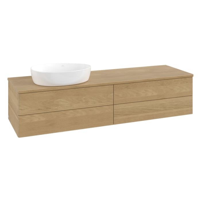 Villeroy & Boch Antao Waschbeckenunterschrank, 160 x 36 cm, 4 Auszüge mit LED-Licht, Front mit Struktur, ohne Hahnloch, für Waschtisch links