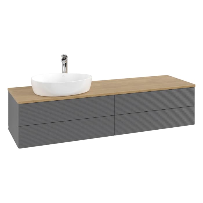 Villeroy & Boch Antao Waschbeckenunterschrank, 160 x 36 cm, 4 Auszüge mit LED-Licht, Front mit Struktur, mit Hahnloch, für Waschtisch links