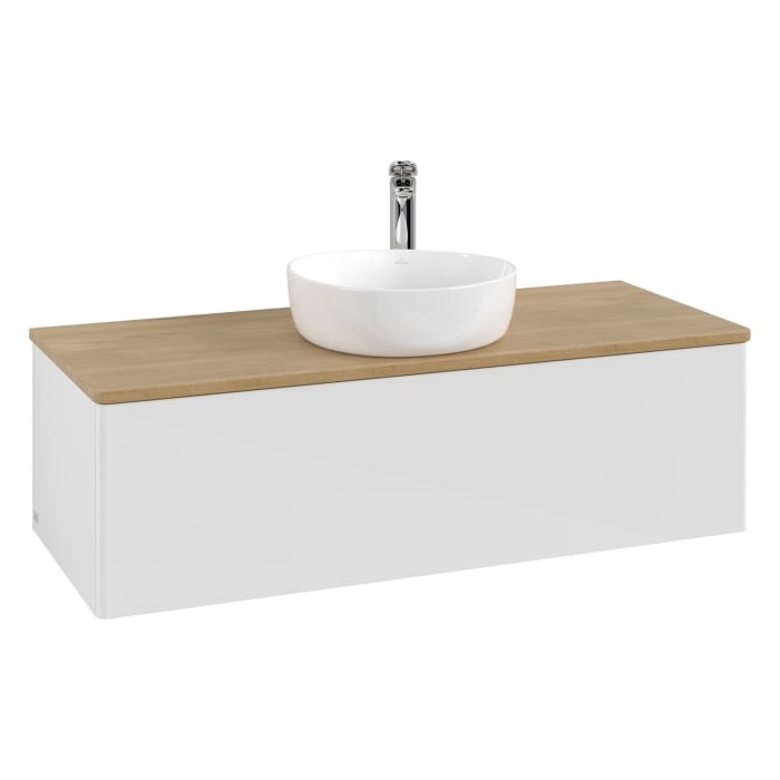 Villeroy & Boch Antao Waschbeckenunterschrank, 120 x 36 cm, 1 Auszug mit LED-Licht, Front ohne Struktur, mit Hahnloch, für Waschtisch mittig