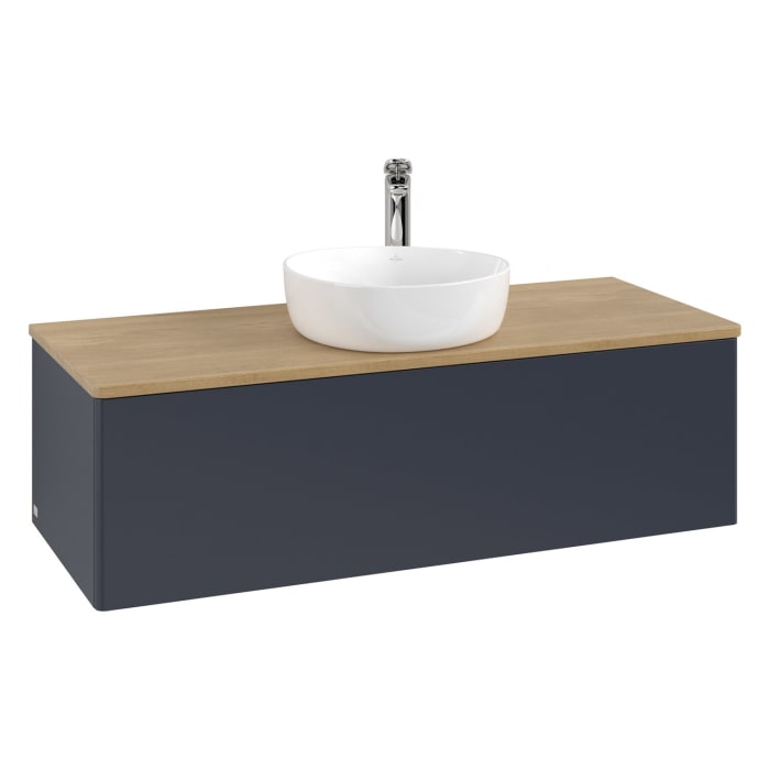 Villeroy & Boch Antao Waschbeckenunterschrank, 120 x 36 cm, 1 Auszug mit LED-Licht, Front ohne Struktur, mit Hahnloch, für Waschtisch mittig