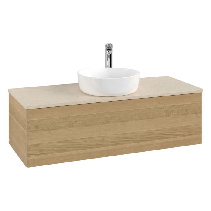 Villeroy & Boch Antao Waschbeckenunterschrank, 120 x 36 cm, 1 Auszug mit LED-Licht, Front ohne Struktur, mit Hahnloch, für Waschtisch mittig