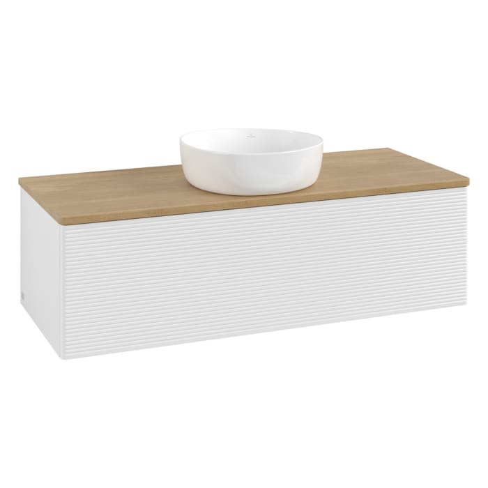 Villeroy & Boch Antao Waschbeckenunterschrank, 120 x 36 cm, 1 Auszug mit LED-Licht, Front mit Struktur, ohne Hahnloch, für Waschtisch mittig