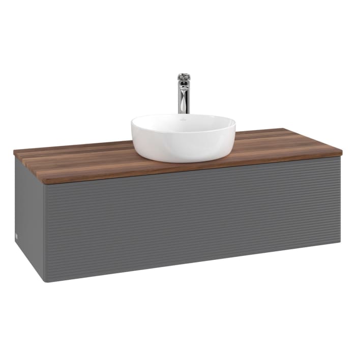 Villeroy & Boch Antao Waschbeckenunterschrank, 120 x 36 cm, 1 Auszug mit LED-Licht, Front mit Struktur, mit Hahnloch, für Waschtisch mittig