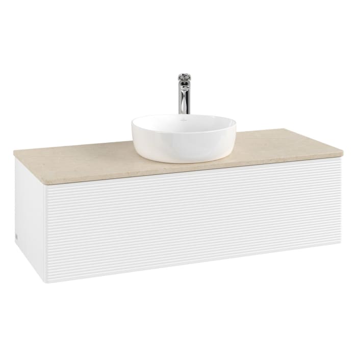 Villeroy & Boch Antao Waschbeckenunterschrank, 120 x 36 cm, 1 Auszug mit LED-Licht, Front mit Struktur, mit Hahnloch, für Waschtisch mittig