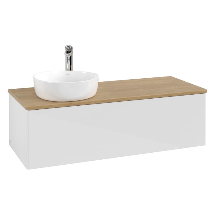 Villeroy & Boch Antao Waschbeckenunterschrank, 120 x 36 cm, 1 Auszug mit LED-Licht, Front ohne Struktur, mit Hahnloch, für Waschtisch links