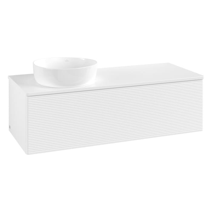 Villeroy & Boch Antao Waschbeckenunterschrank, 120 x 36 cm, 1 Auszug mit LED-Licht, Front mit Struktur, mit Hahnloch, für Waschtisch links