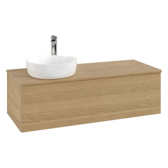 Villeroy & Boch Antao Waschbeckenunterschrank, 120 x 36 cm, 1 Auszug mit LED-Licht, Front mit Struktur, mit Hahnloch, für Waschtisch links