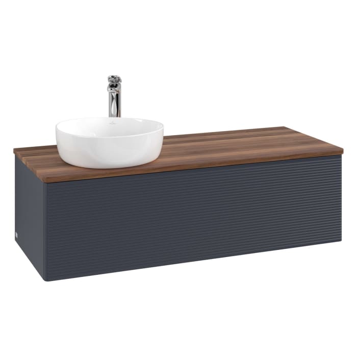 Villeroy & Boch Antao Waschbeckenunterschrank, 120 x 36 cm, 1 Auszug mit LED-Licht, Front mit Struktur, mit Hahnloch, für Waschtisch links