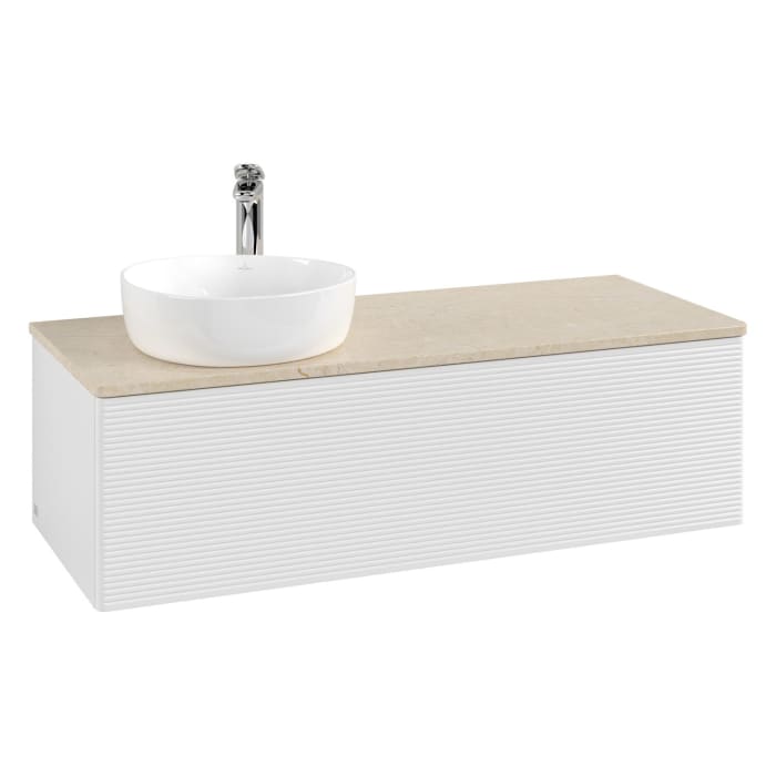 Villeroy & Boch Antao Waschbeckenunterschrank, 120 x 36 cm, 1 Auszug mit LED-Licht, Front mit Struktur, mit Hahnloch, für Waschtisch links